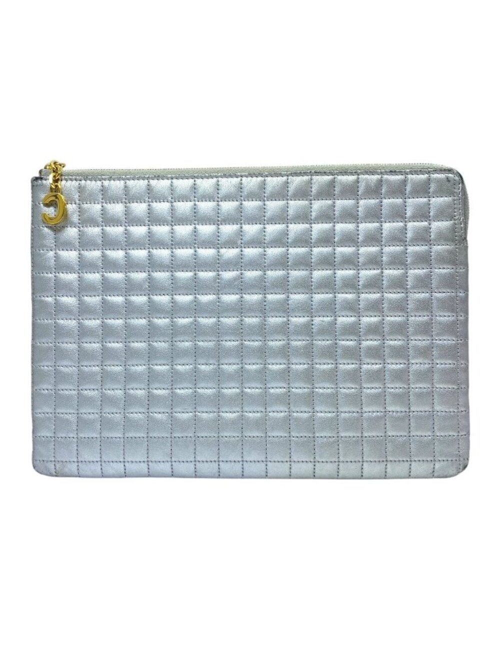 Celine C Charm Clutch Pouch Quilted Leather Silver Lightweight Capacity